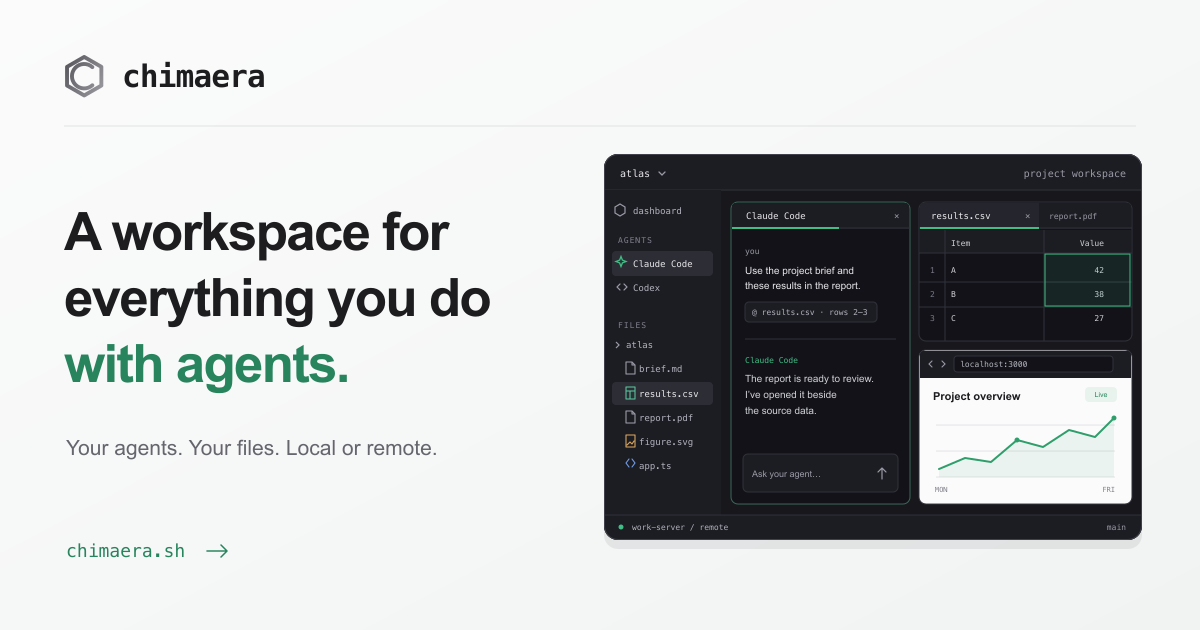 Chimaera. A workspace for everything you do with agents. Your agents. Your files. Local or remote.