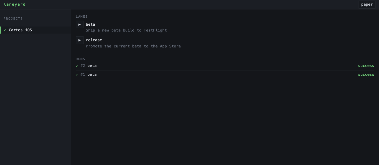 The project screen: lanes read from the Fastfile, with their descriptions, and the run history