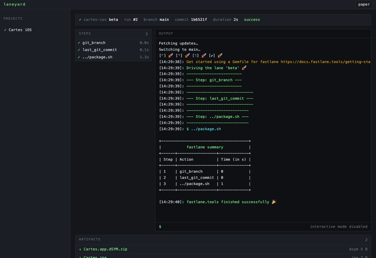 A build running in Laneyard: step timeline on the left, live output on the right, artifacts below