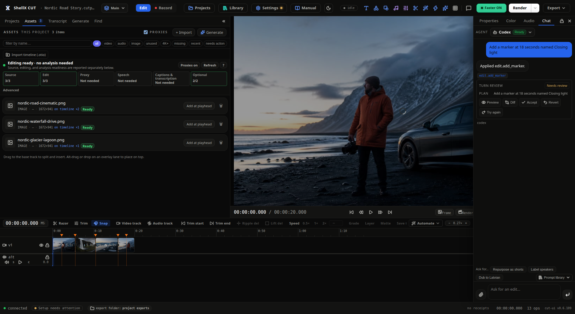 ShellX Cut Agent Chat with Codex ready beside the Nordic road-film edit