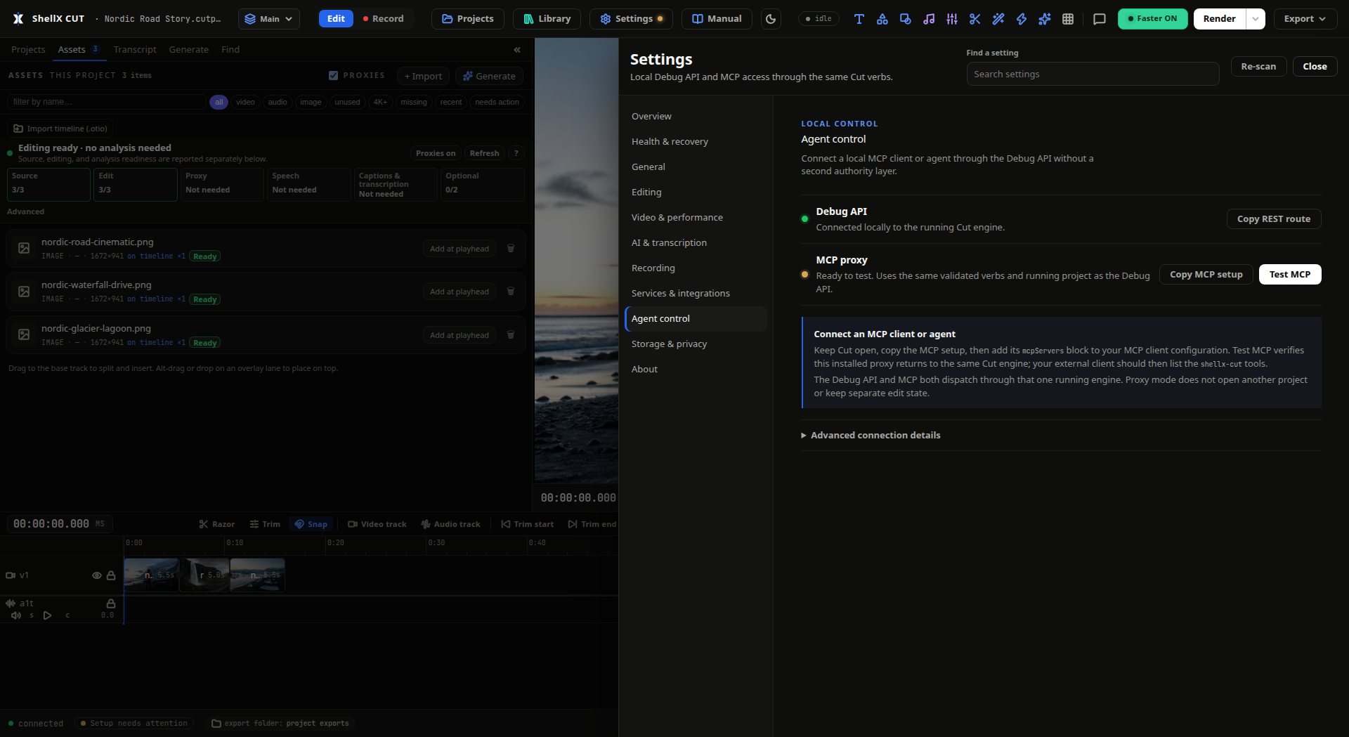 ShellX Cut Agent Control settings for its local Debug API and MCP proxy