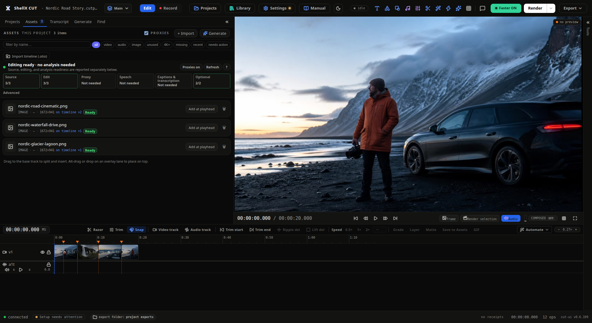 ShellX Cut editing a Nordic road-film project with populated assets, preview, markers, and timeline