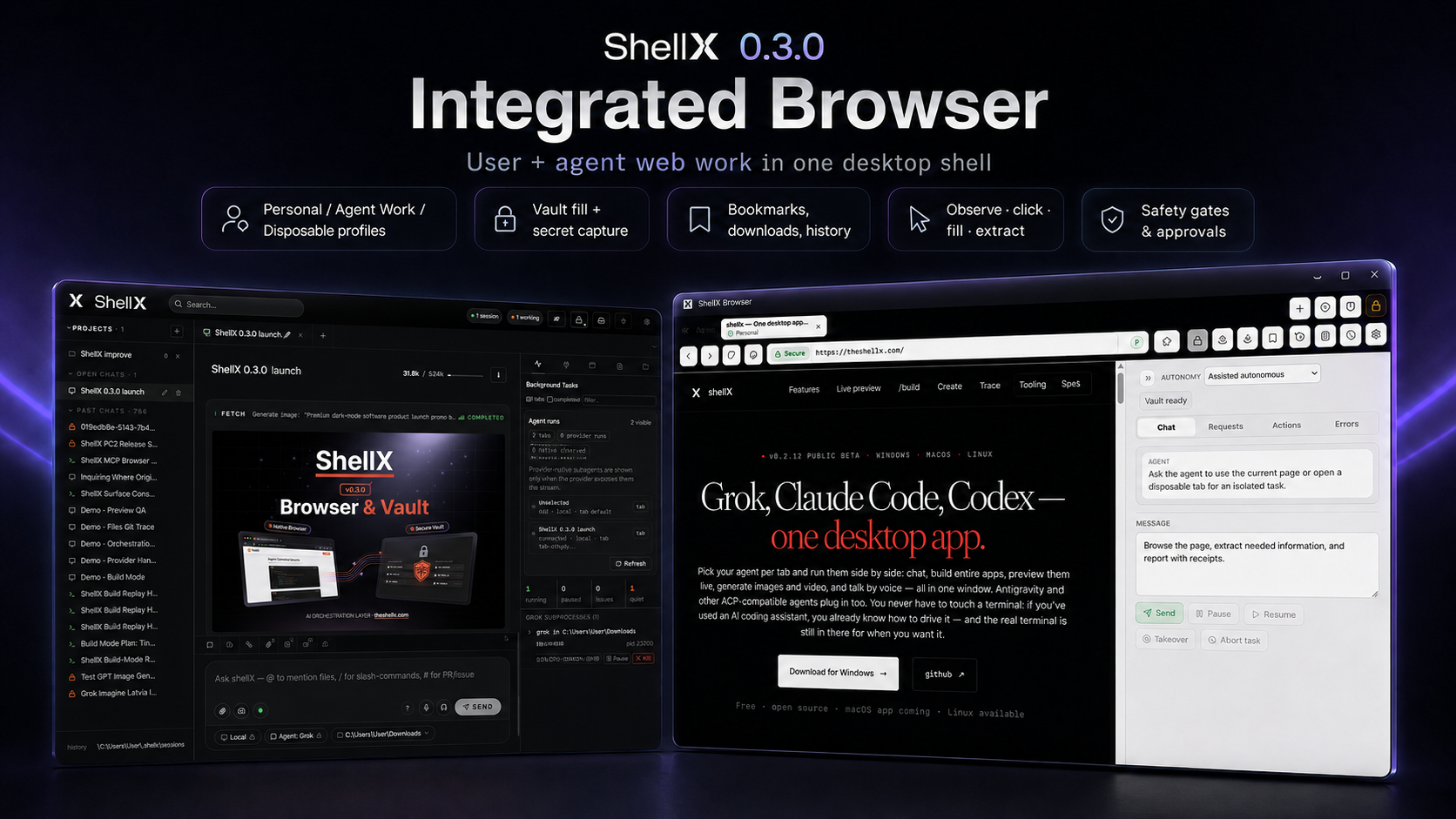 ShellX 0.3.0 integrated Browser with user and agent web work
