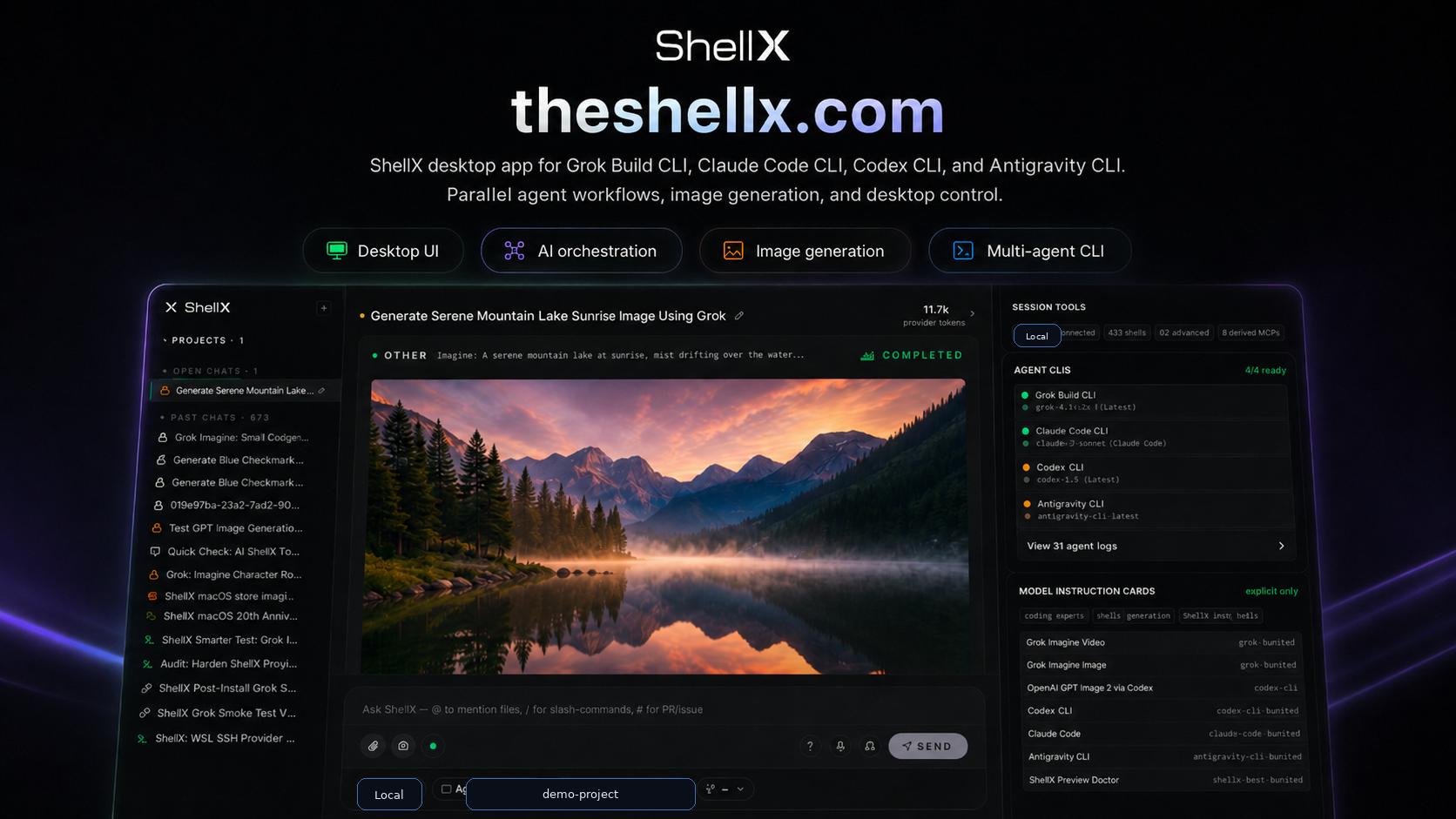 shellX desktop orchestration with multi-agent CLIs, media generation, and session tools