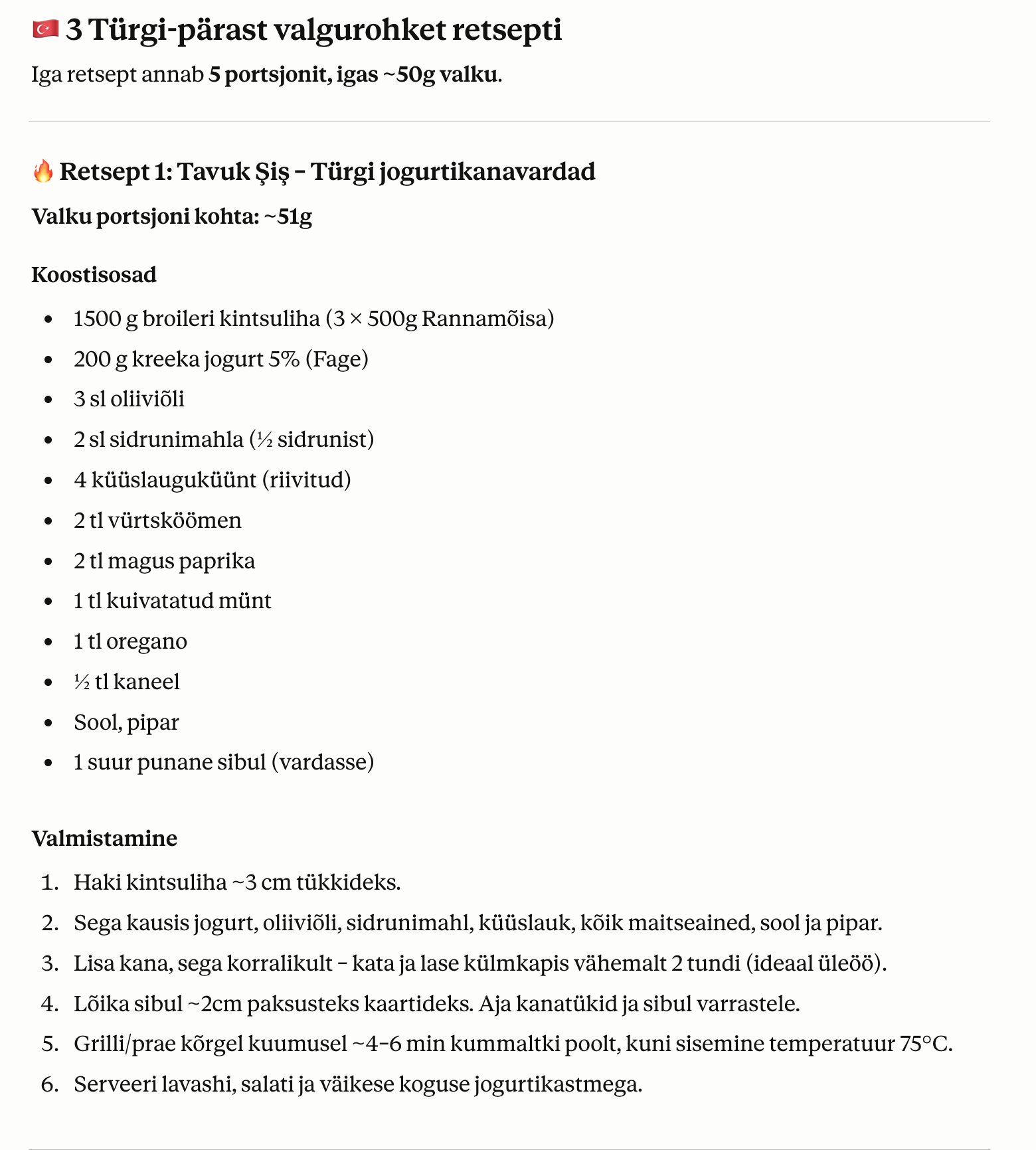 Recipe output: "Tavuk Şiş - Türgi jogurtikanavardad", 51g protein per portion, full ingredient list and cooking steps in Estonian