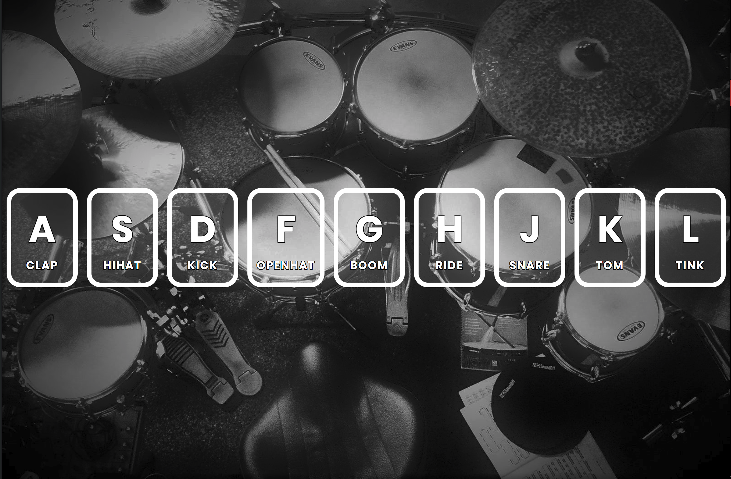 preview of drum kit page, showing a row of keyboard keys over a black and white image of a drum kit