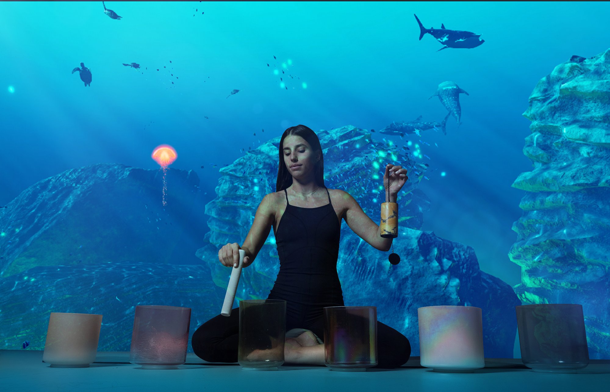 crystal bowls sound bath with Dolby Atmos spatial audio Barcelona