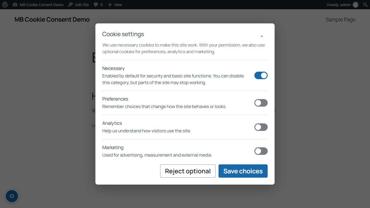 English granular cookie settings