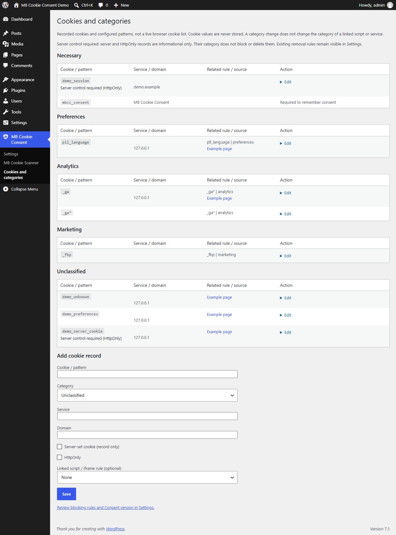 Cookies grouped by category, including informational HttpOnly records