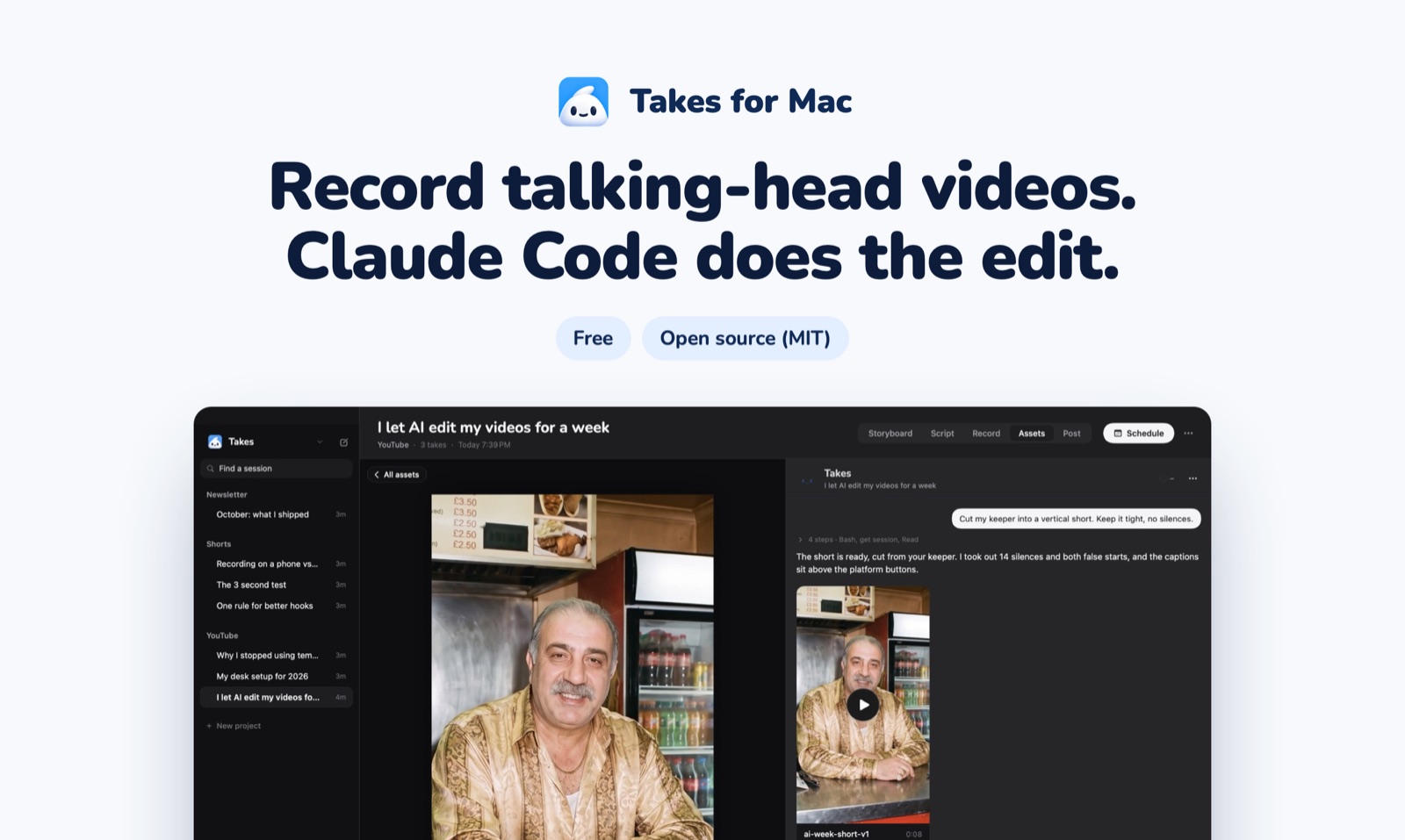 Takes for Mac: record talking-head videos, Claude Code does the edit