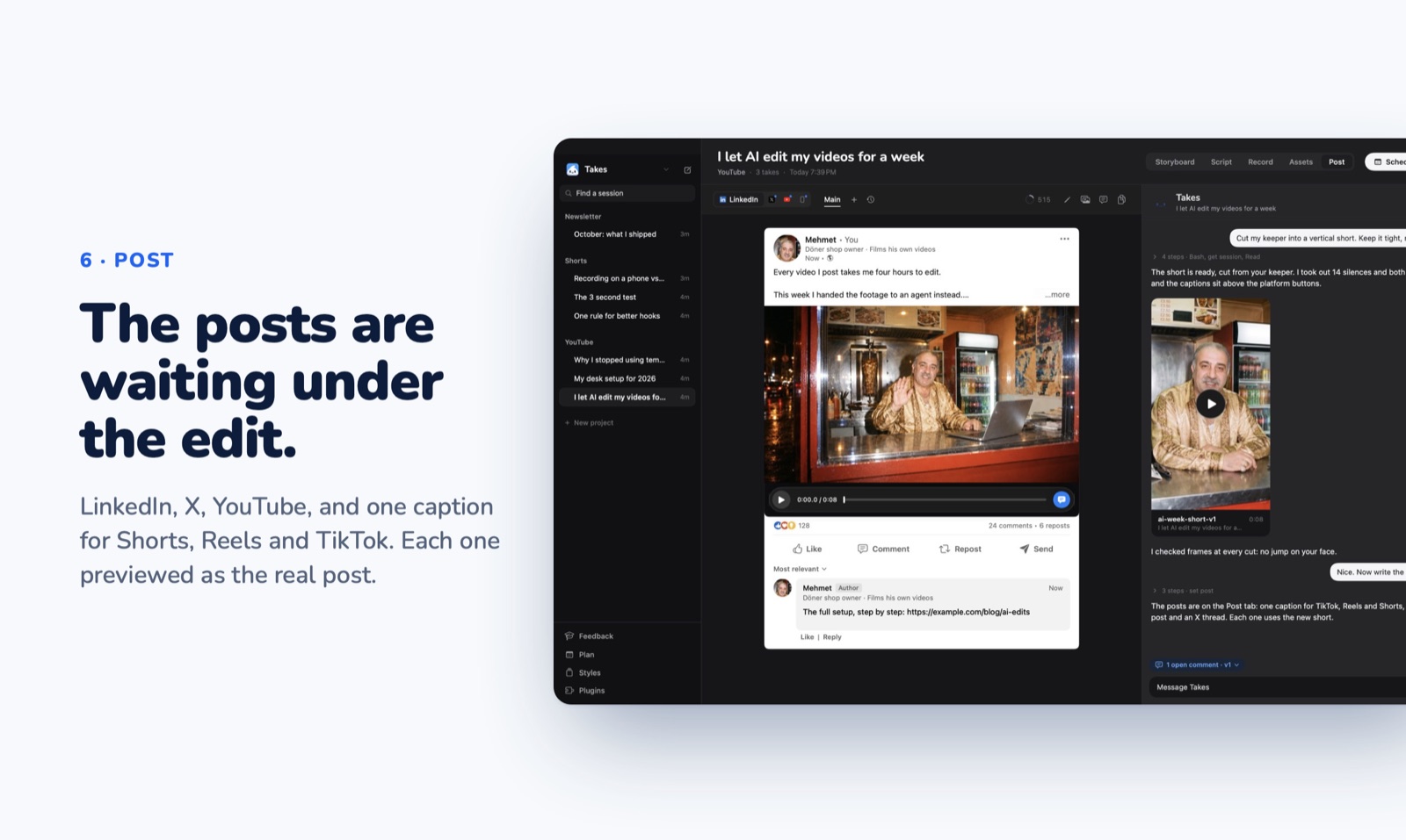The posts for LinkedIn, X, YouTube and Shorts, previewed as the real post