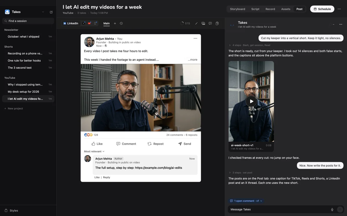The same video as a LinkedIn post, an X thread, a YouTube video and a Short
