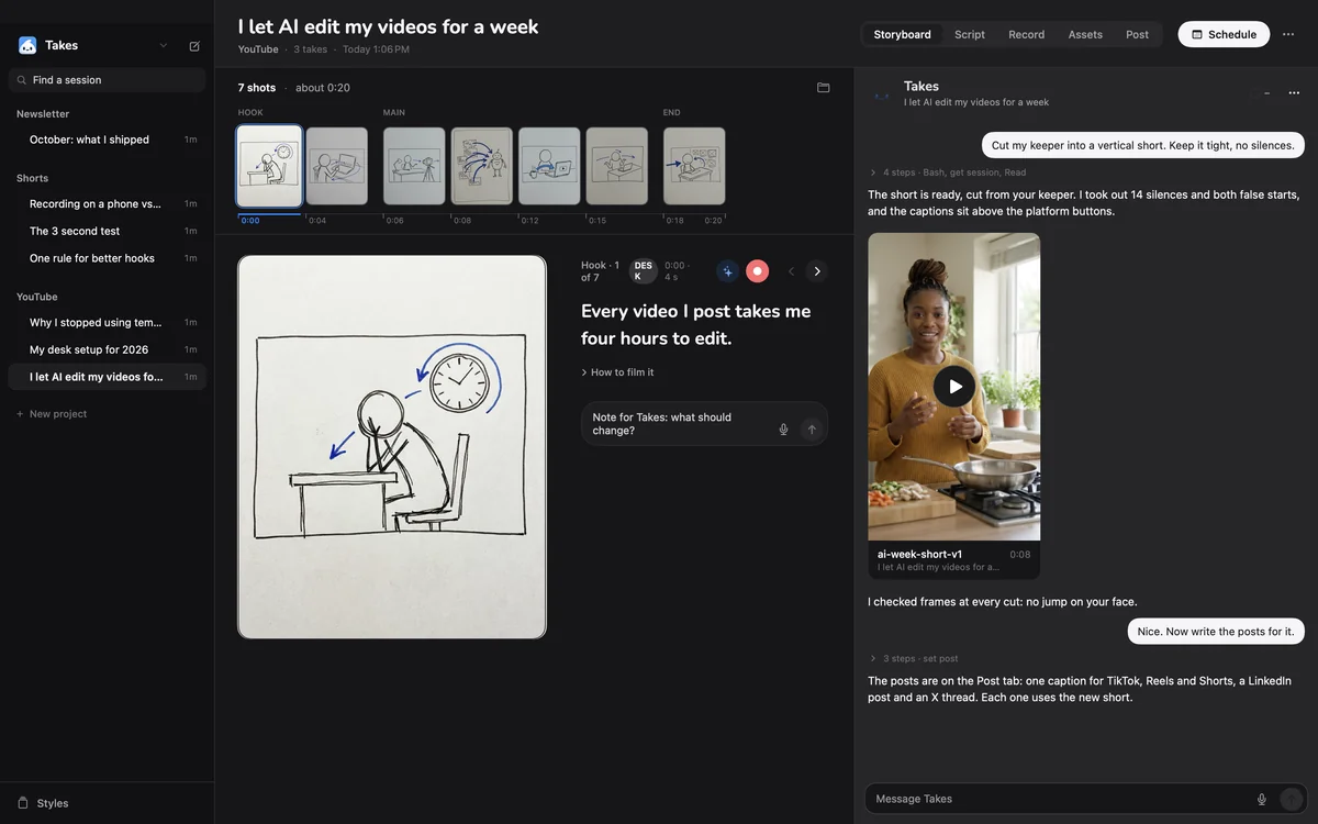 Storyboard, record and post in Takes