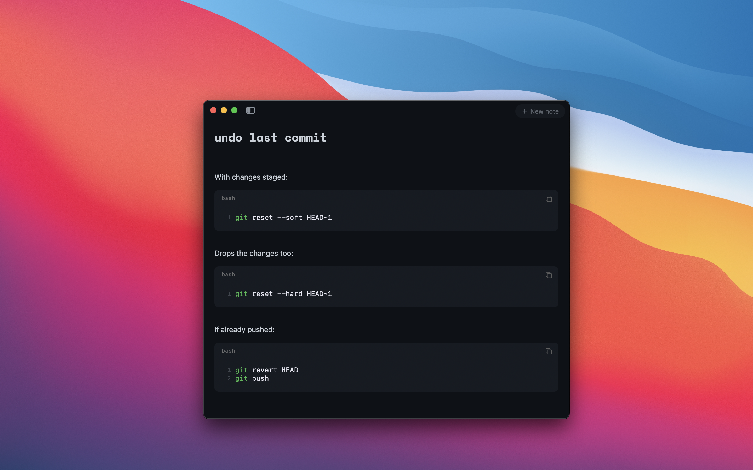 Rook note showing three ways to undo the last git commit