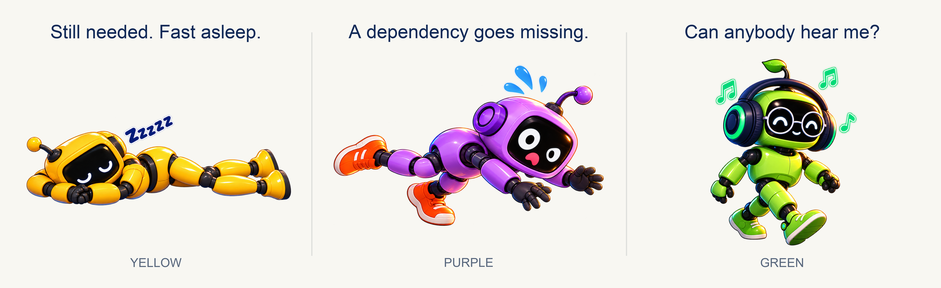 Yellow sleeps, Purple trips over a dependency, and Green cannot hear the team.