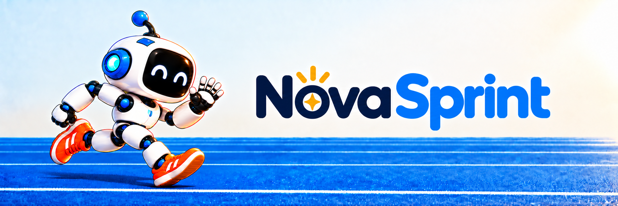 Nova Sprint: a happy white-and-blue friend jogging and waving.