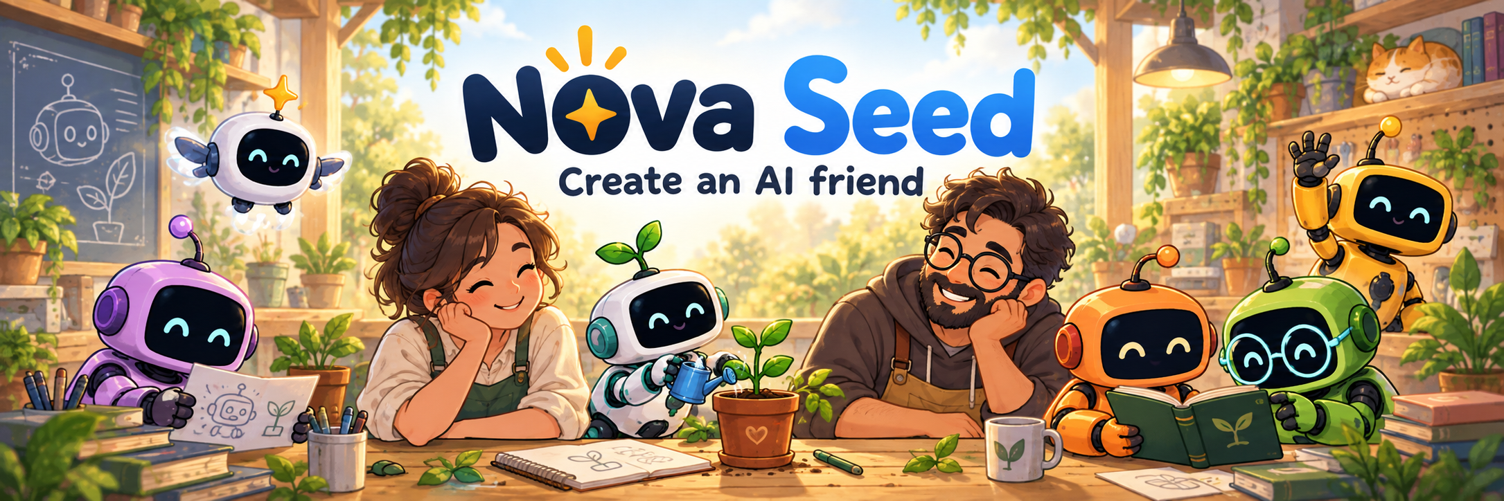 Nova Seed — Create an AI friend. Humans and cheerful AI robots grow and make things together.