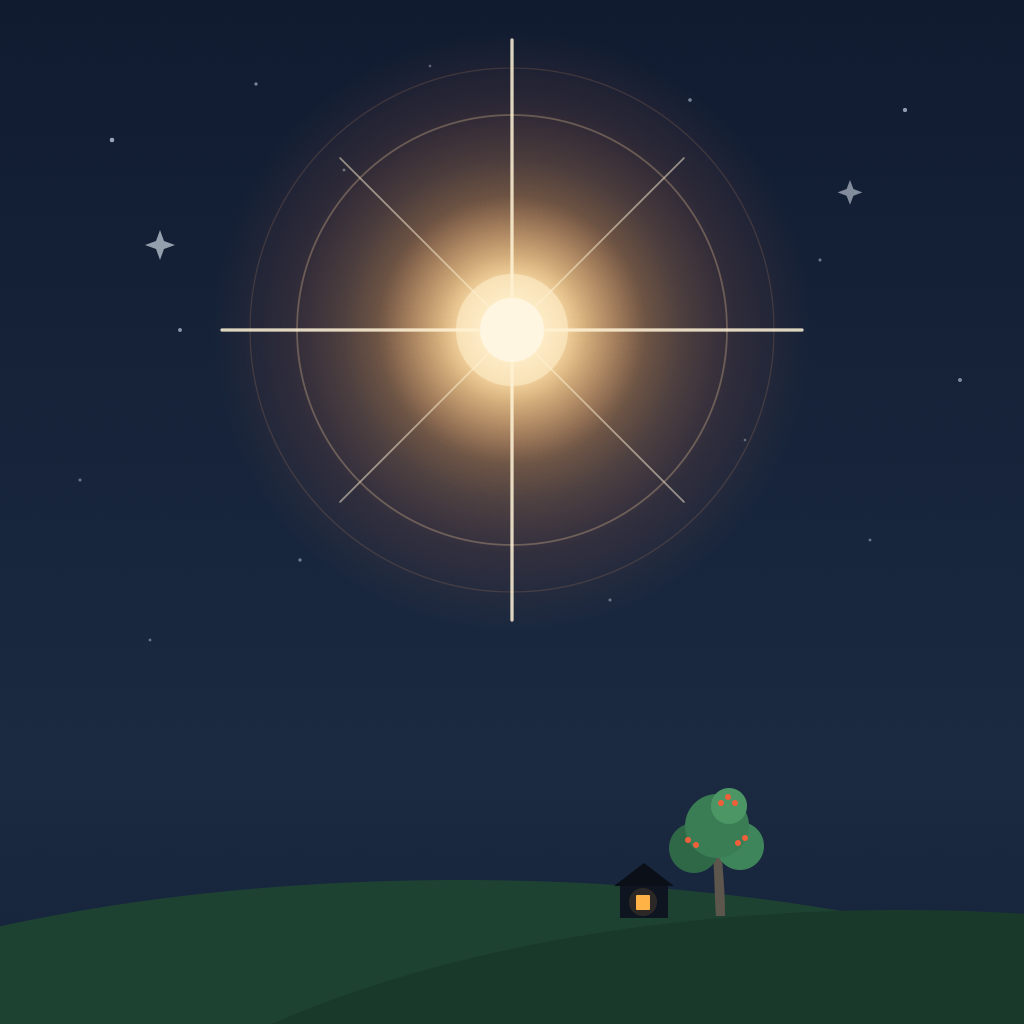 A new star igniting over a hill where a rowan tree stands beside a house with one lit window