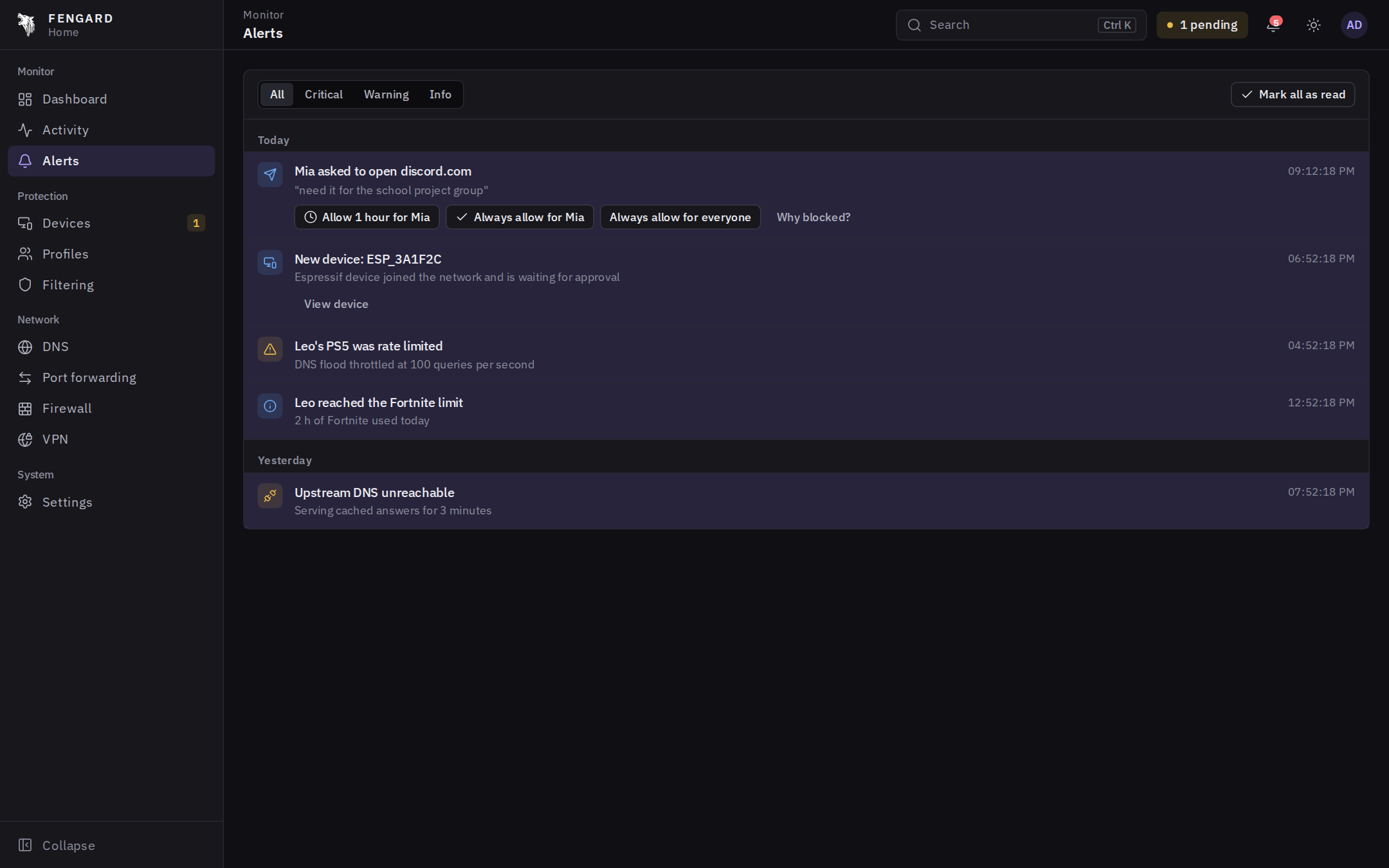 Alerts for new devices, access requests and limits