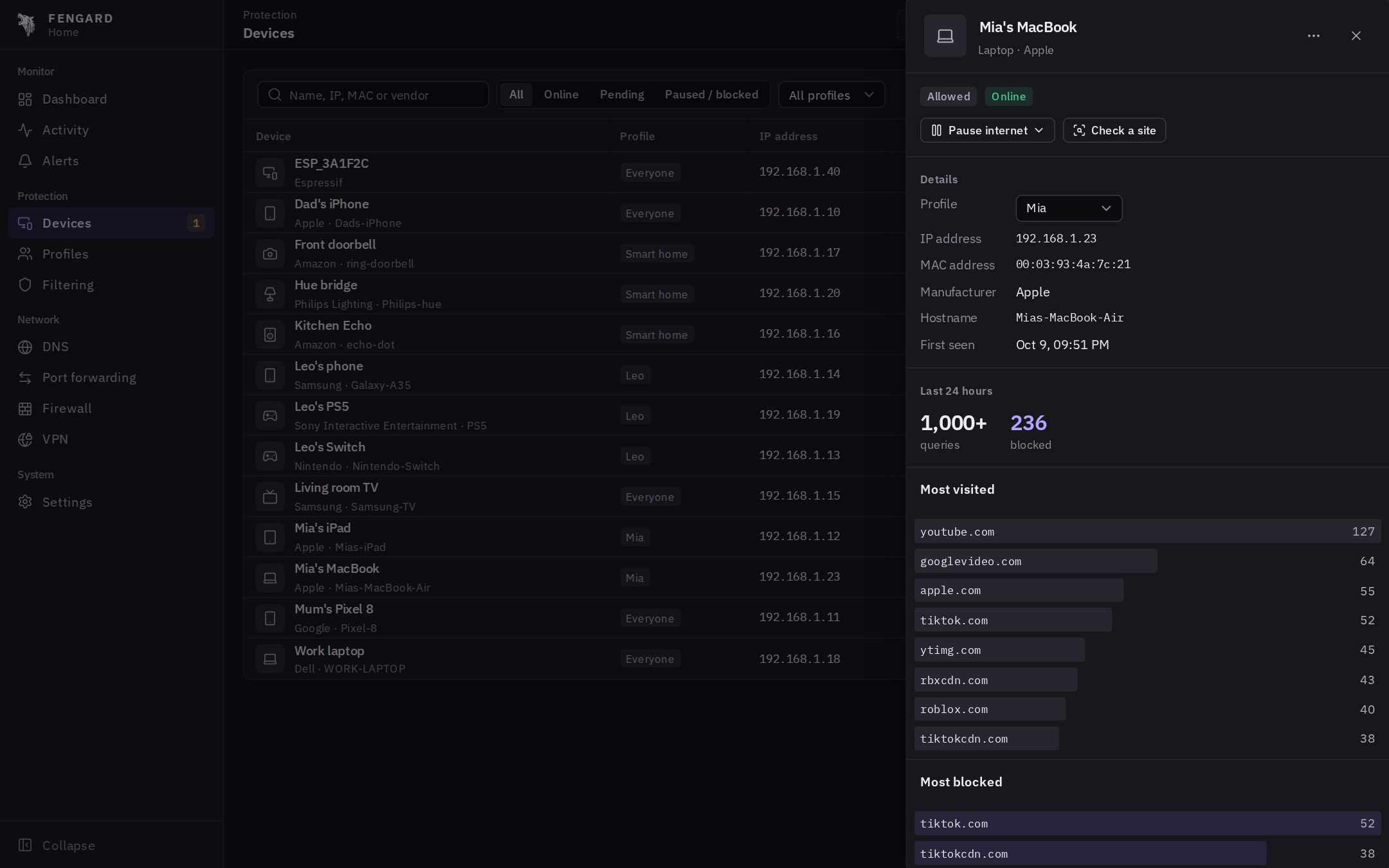 One device's activity and settings