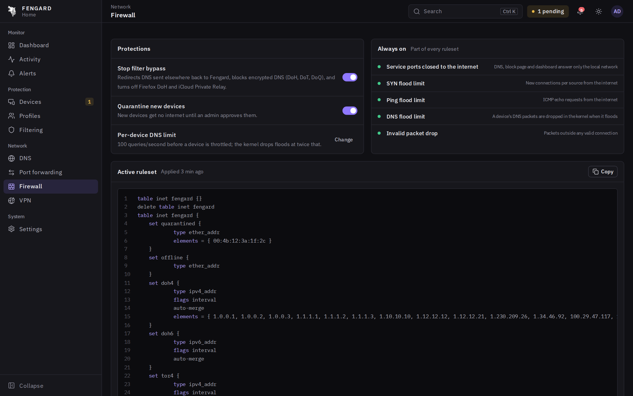 Firewall protections and the generated ruleset