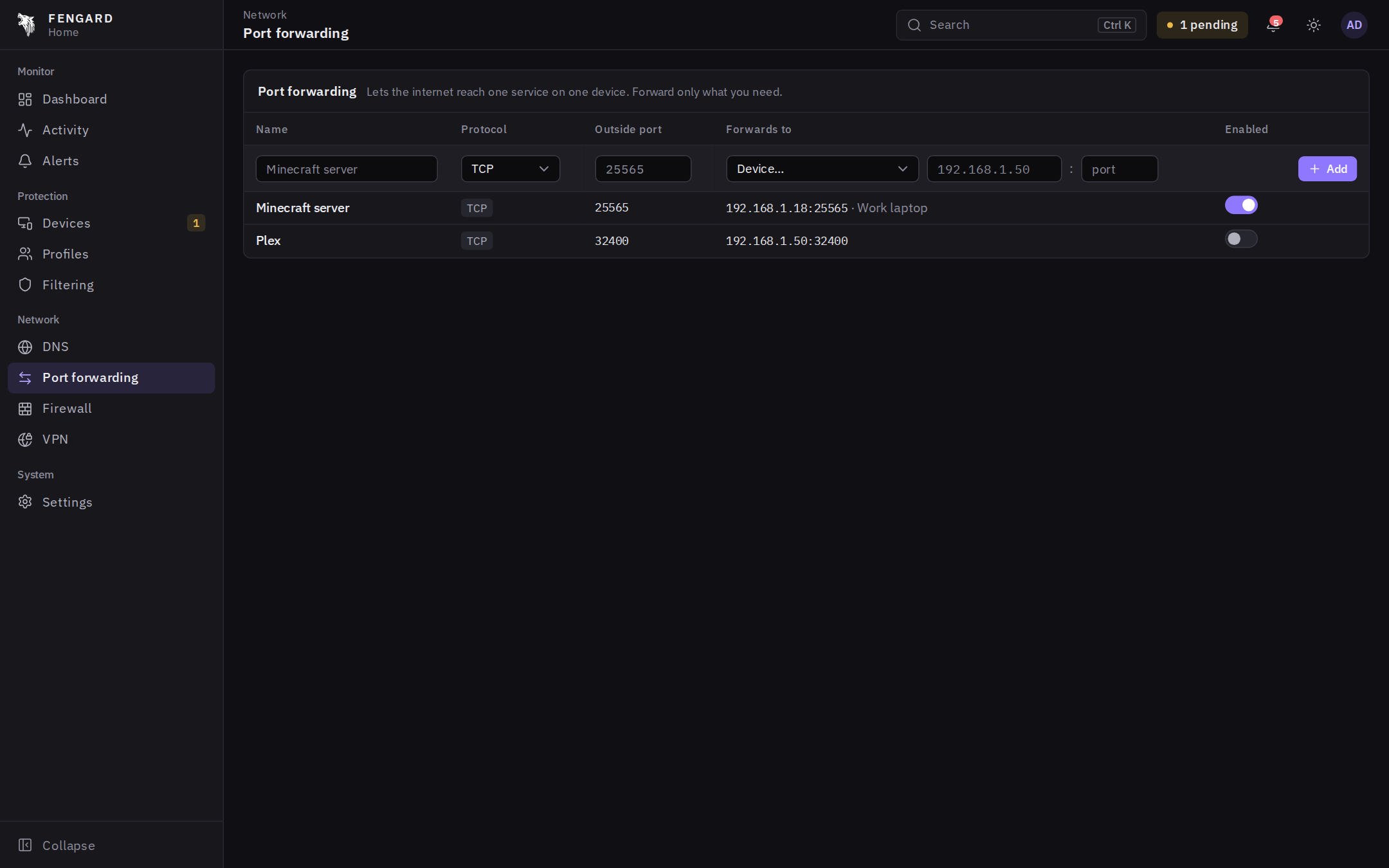 Port forwarding rules