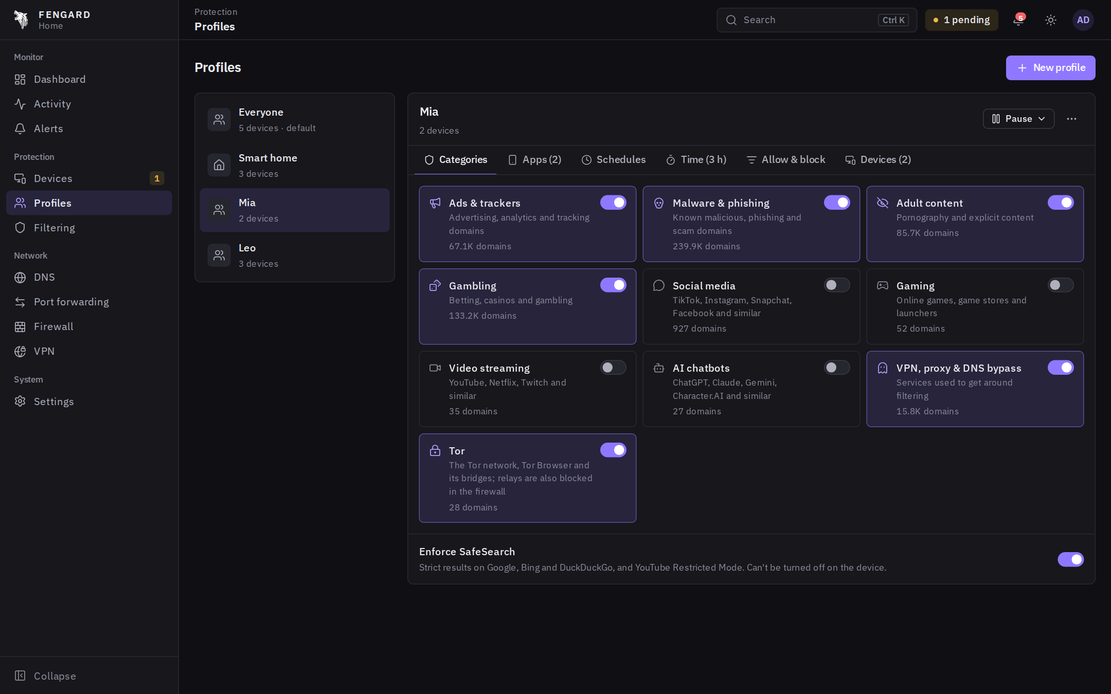 Profiles with categories, apps and screen time