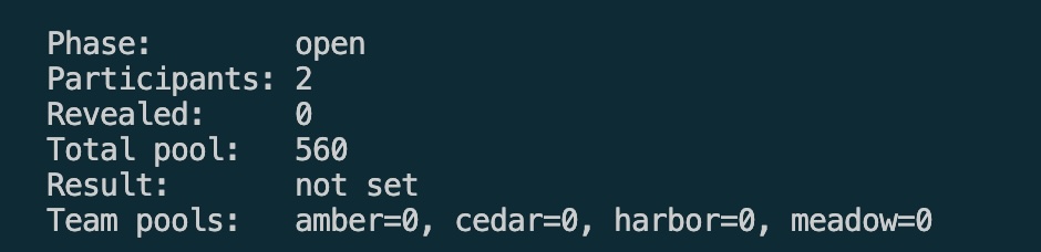 CLI Show market state: Phase: open, Participants: 2, Total pool: 560