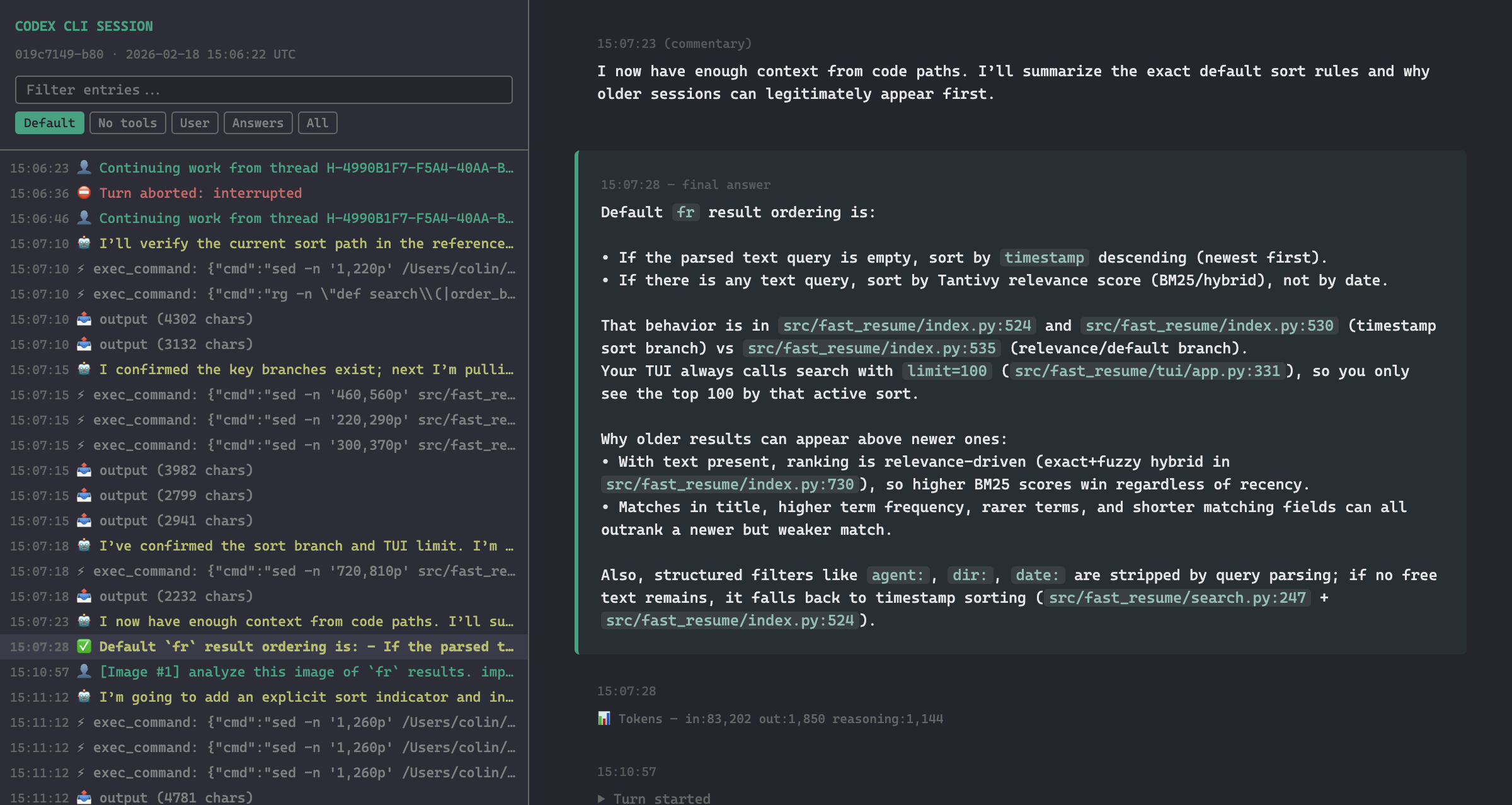 Viewer showing a final answer with sidebar navigation and filters
