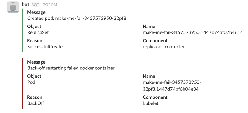 Slack8s demo showing creation of pod and then failed backoff loop alerts via Slack.