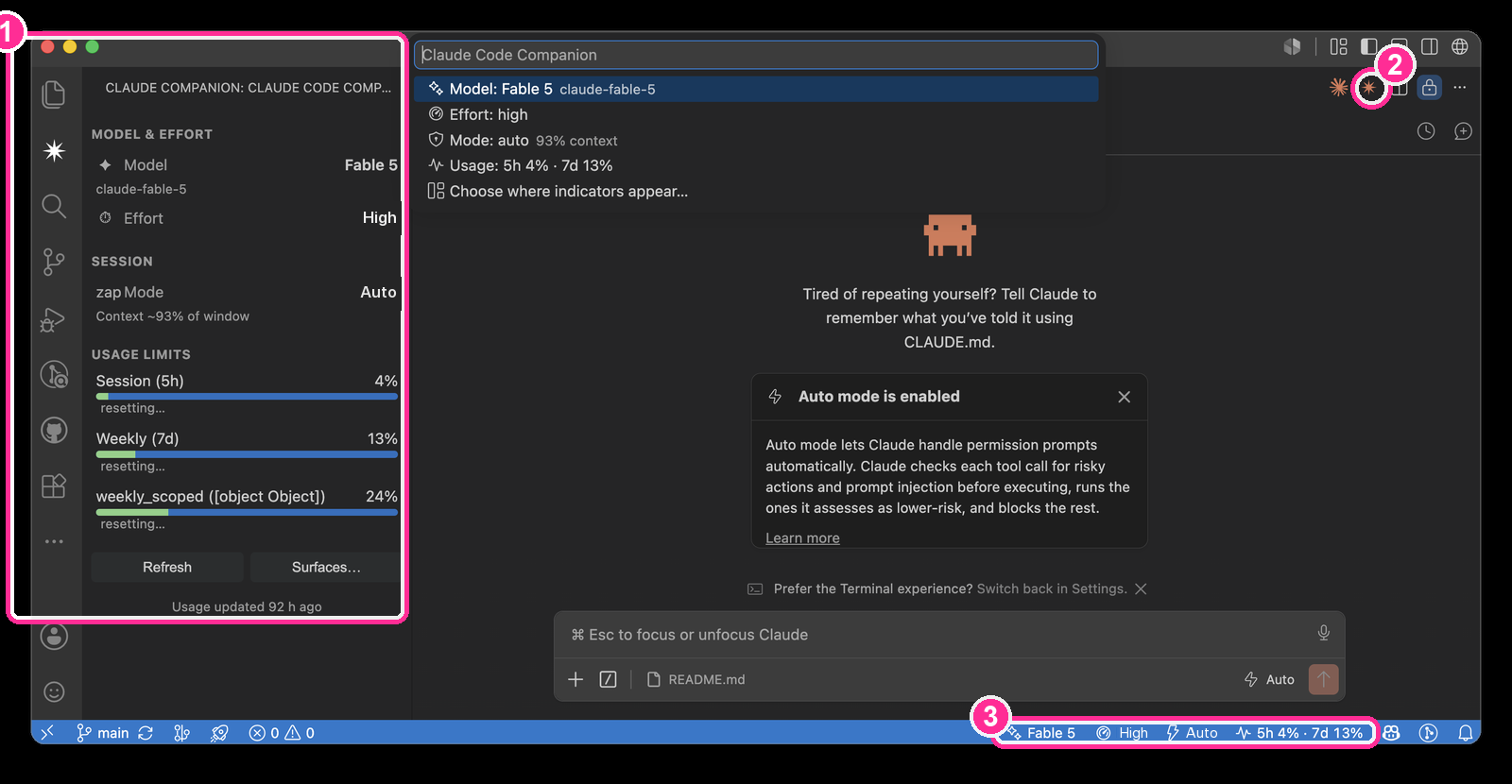 Claude Code Companion in dark theme: sidebar panel, editor title bar icon, and status bar indicators