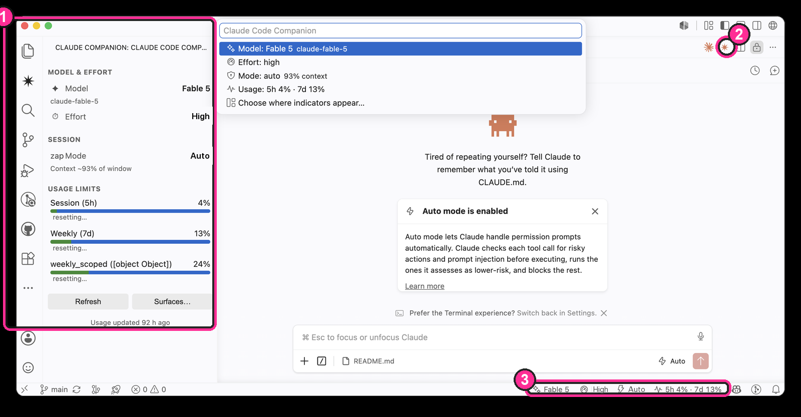 Claude Code Companion in light theme: sidebar panel, editor title bar icon, and status bar indicators