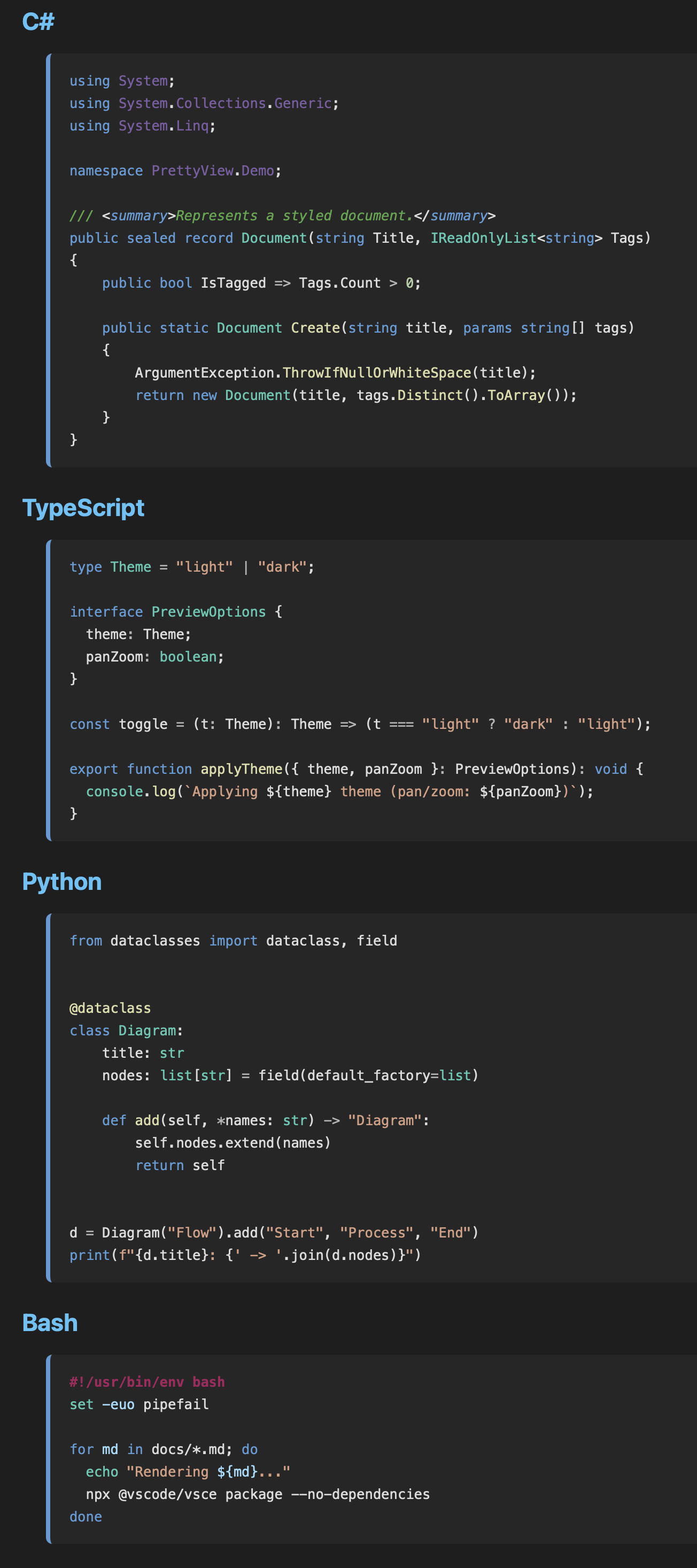 C#, TypeScript, Python, Bash — dark theme