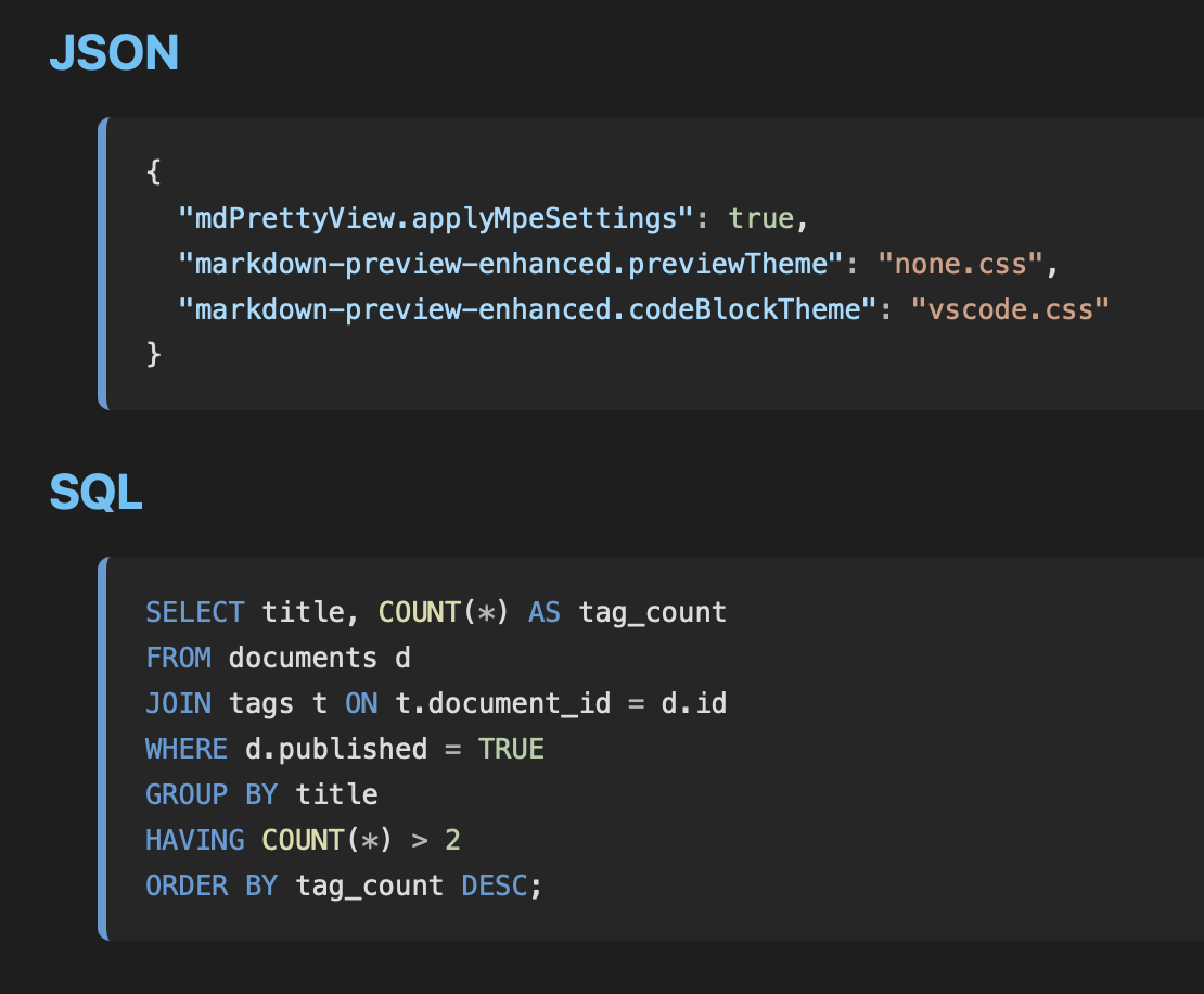 JSON, SQL — dark theme