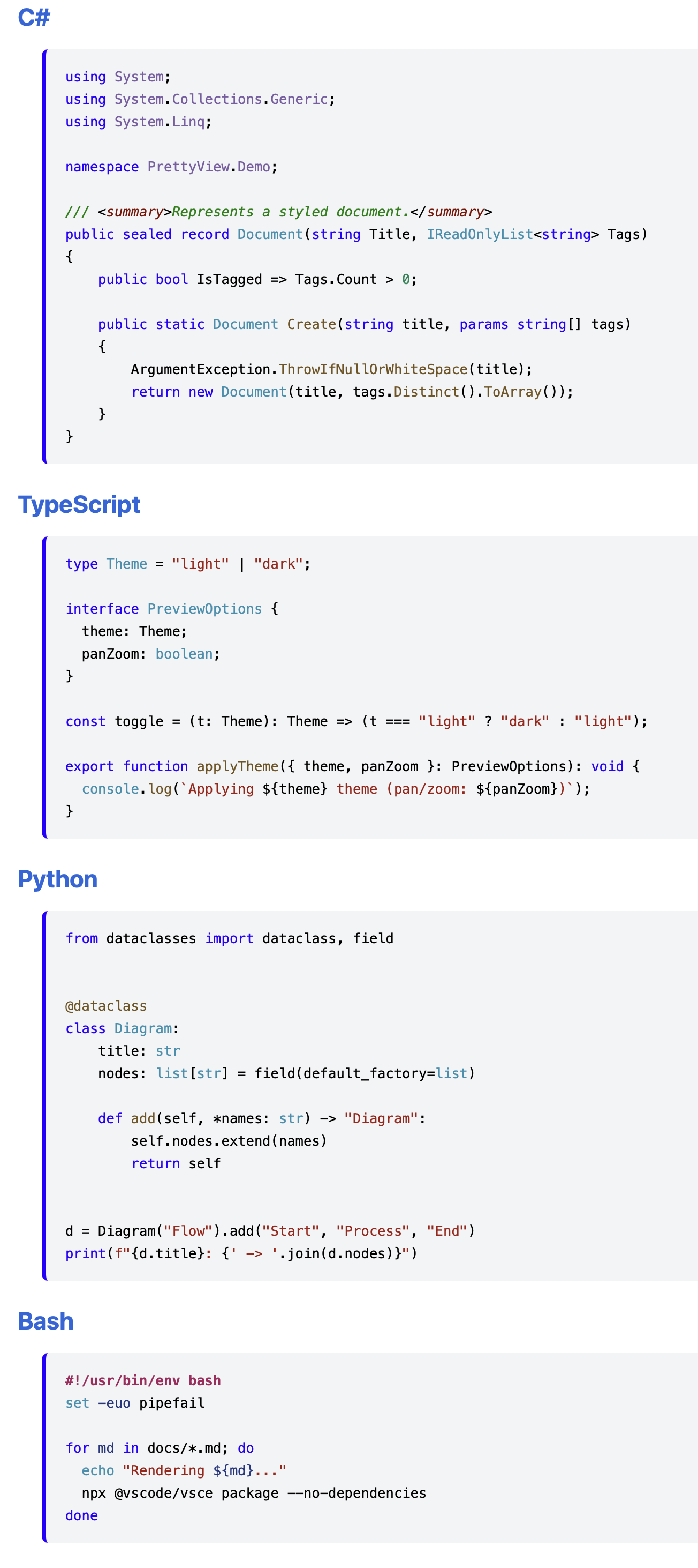 C#, TypeScript, Python, Bash — light theme
