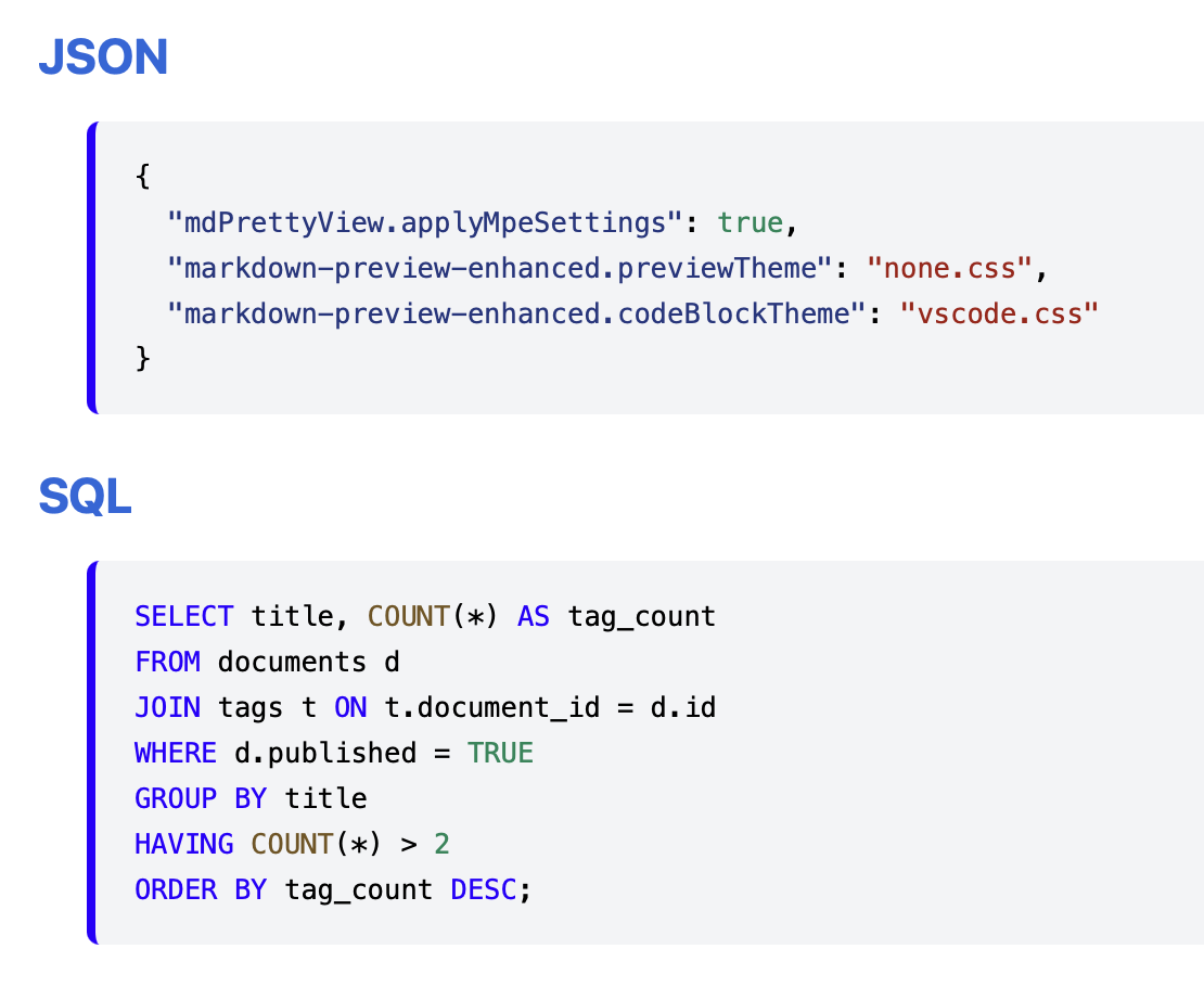 JSON, SQL — light theme