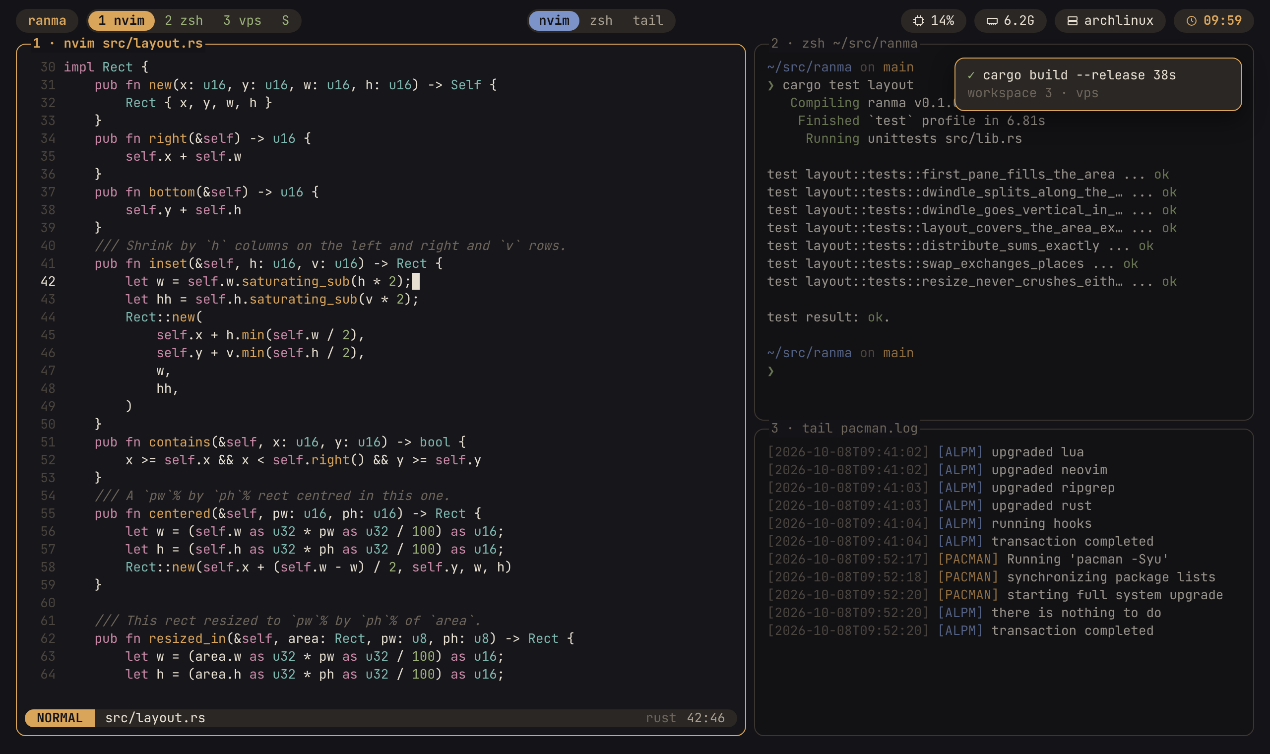ranma: nvim in a large pane beside a shell running tests and a tail of pacman.log, the bar on top with workspaces, the focused workspace's panes and system modules, and a toast for a finished build