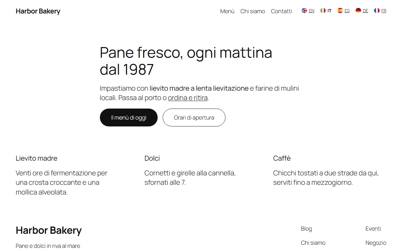 A bakery home page in Italian with the language switcher in the header: flags and codes EN, IT, ES, DE, FR
