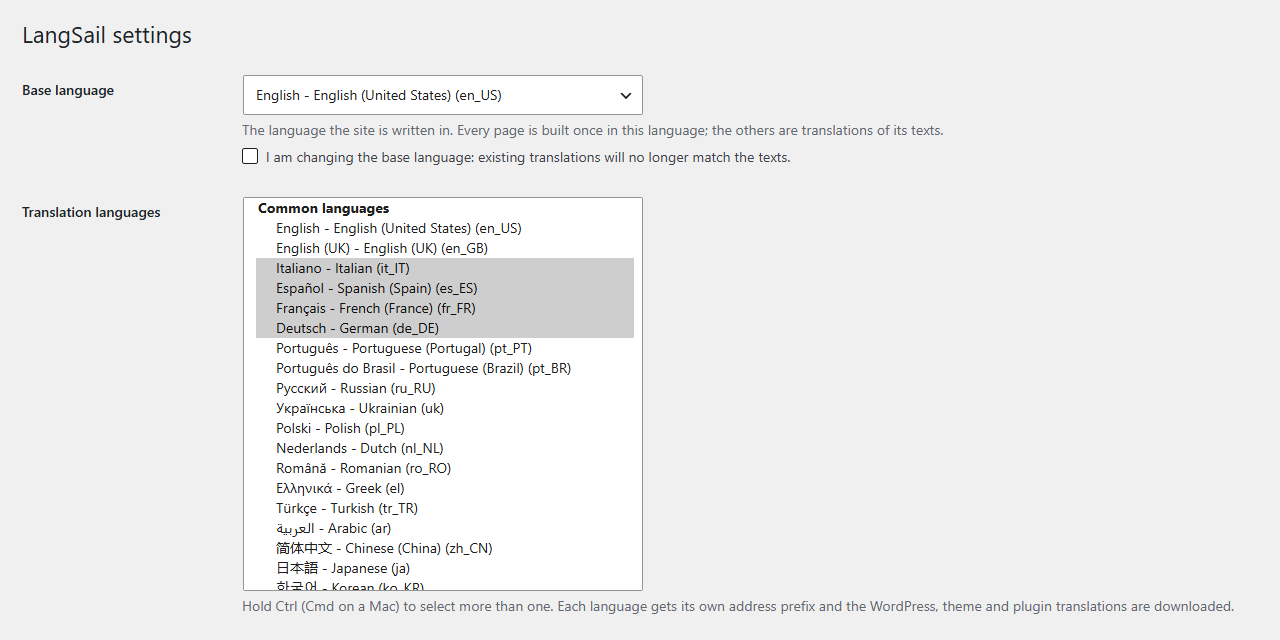 LangSail settings: base language, translation languages with the common ones first, indexing threshold and never-translate list
