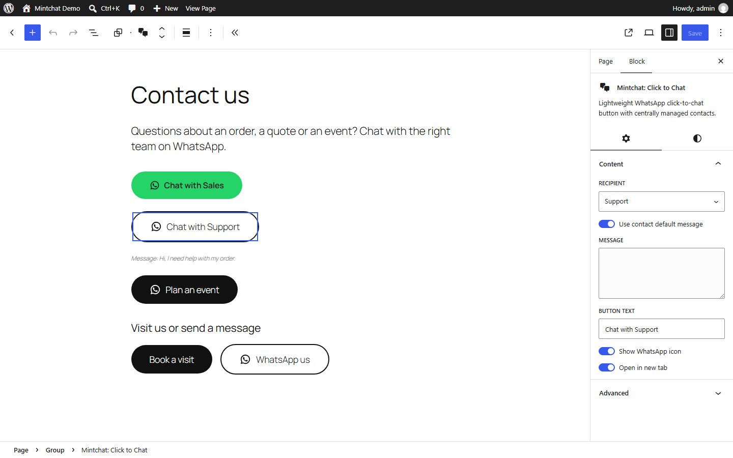 The Mintchat button in the block editor, with contact, message, text, icon and new tab settings in the sidebar