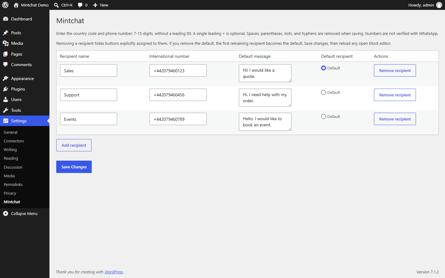 Settings > Mintchat with three contacts, their numbers and default messages