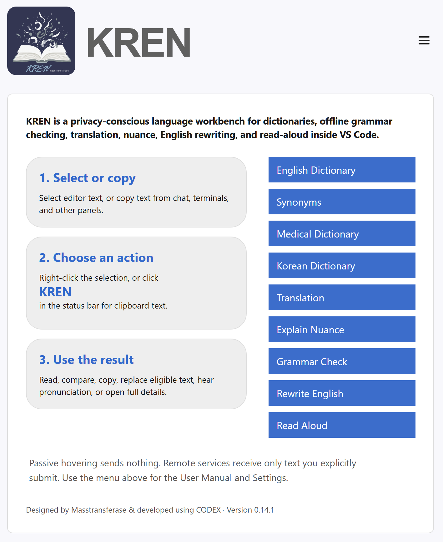 KREN overview showing the select or copy, choose an action, and use the result workflow