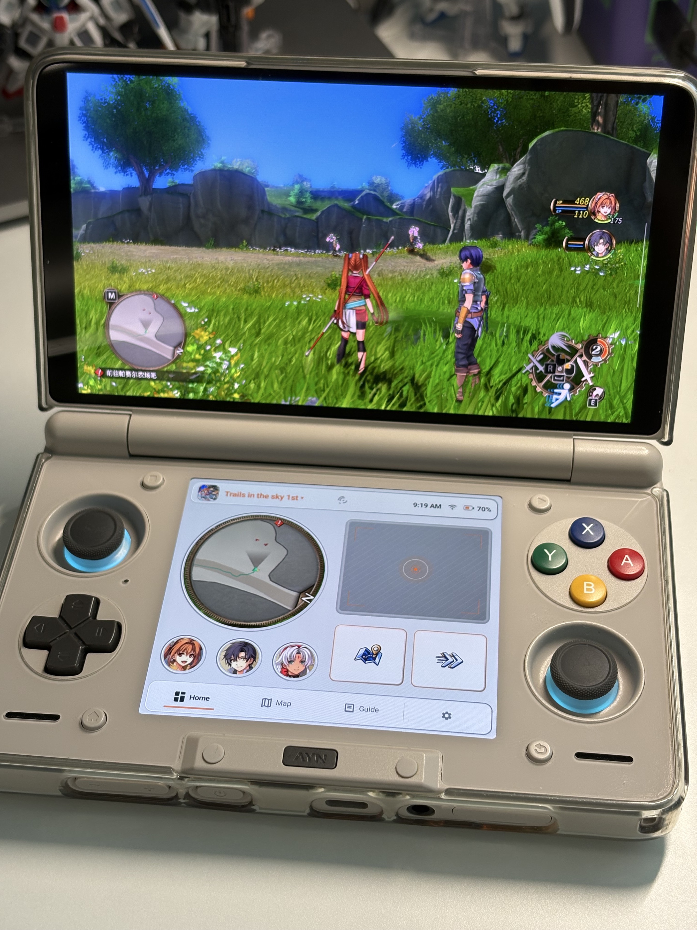 AYN Thor running an action RPG with Heimdall circular magnifier, touchpad, and Profile Macro controls on the lower screen