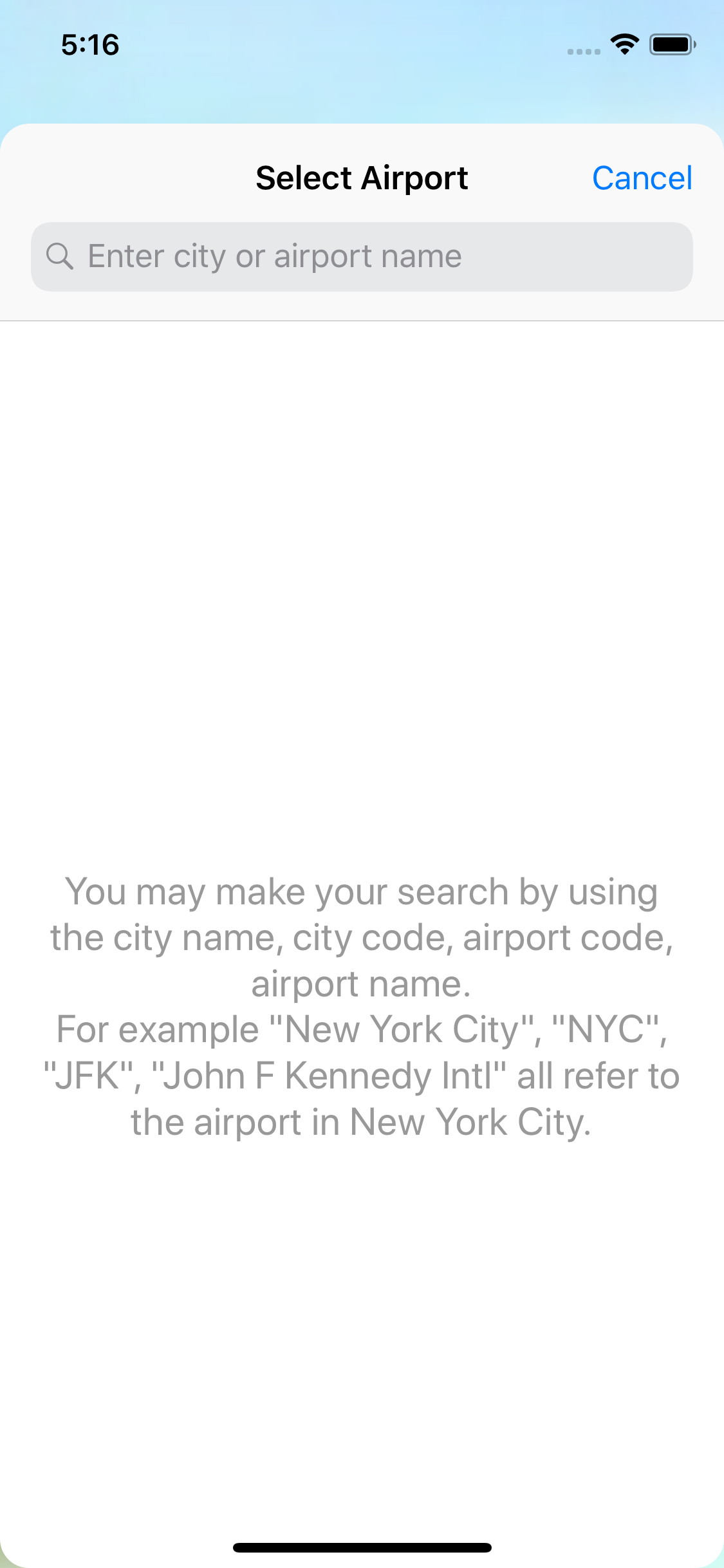 Empty airport search screen