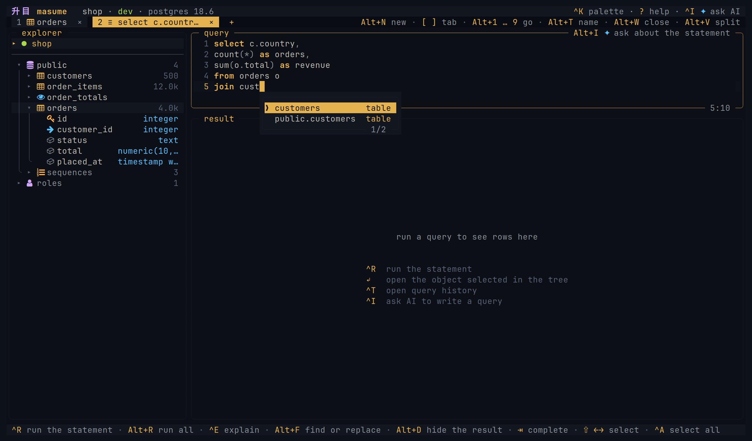 The SQL editor with the completion menu open