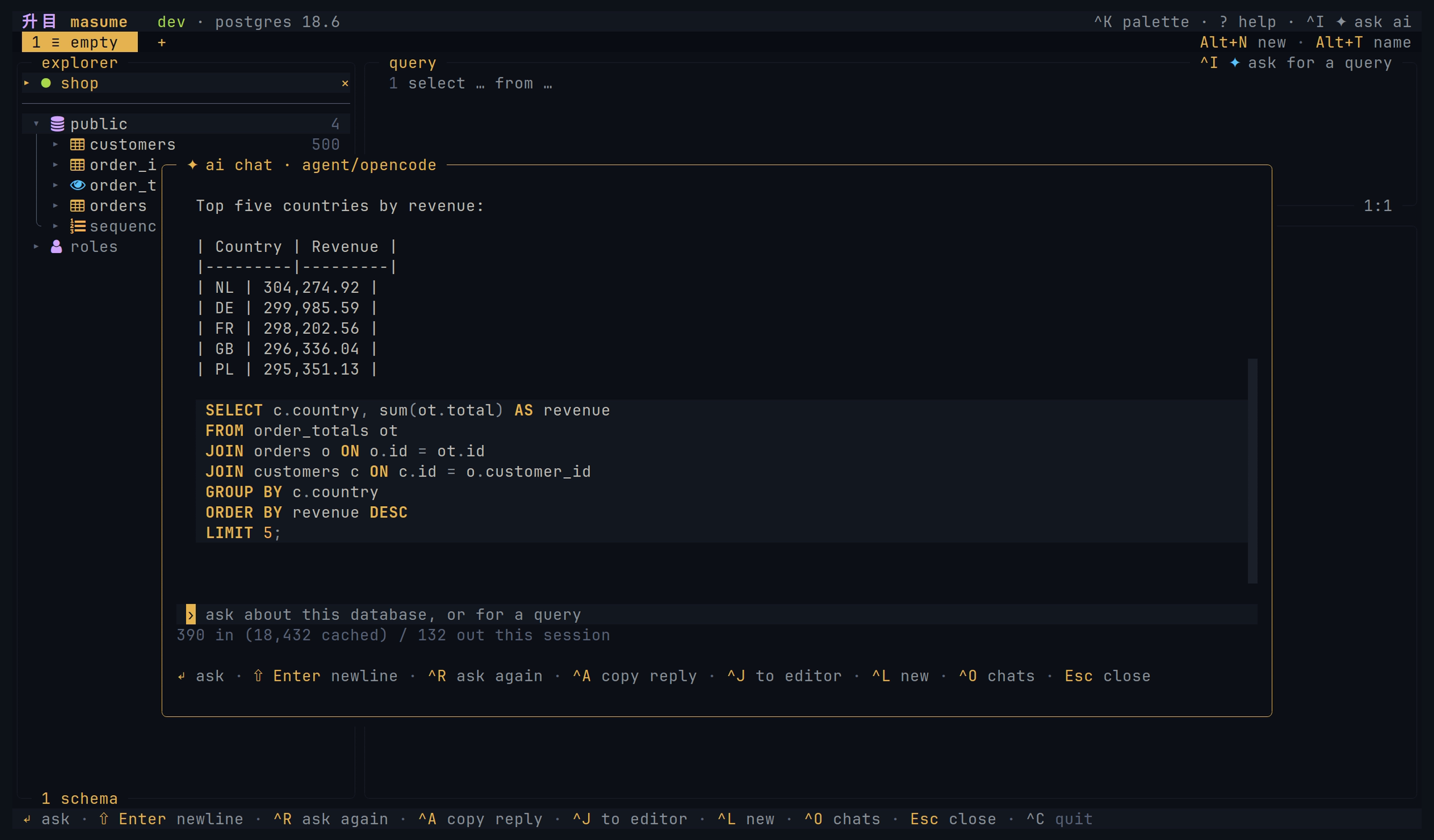 The AI chat with the tool calls, the query, and the answer