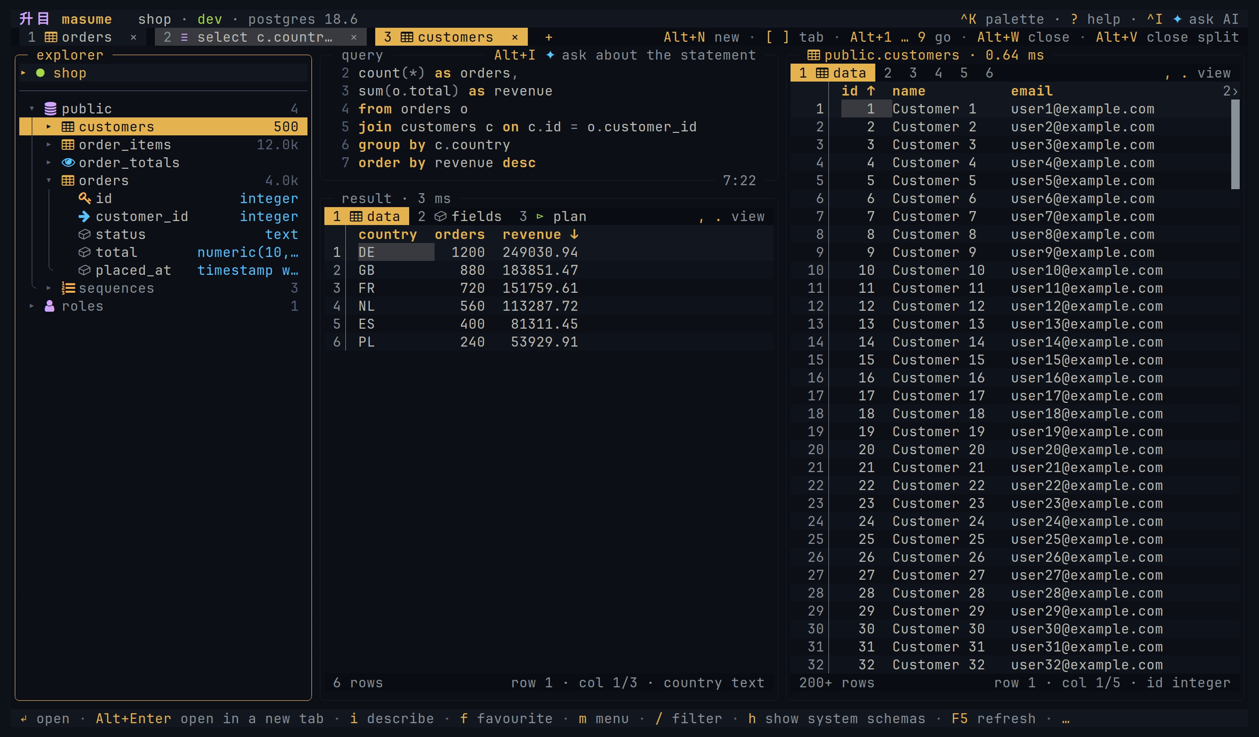 A query and a table side by side in a split view
