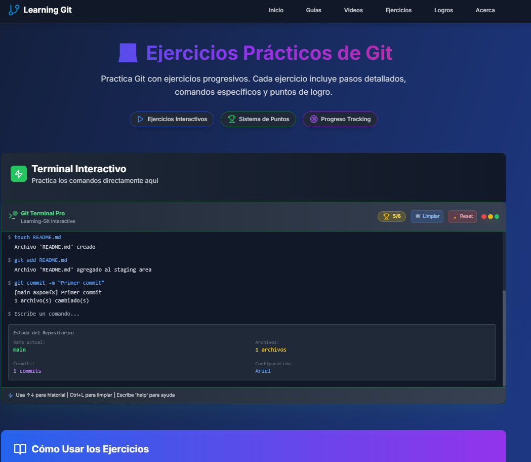 Captura real de Learning Git: terminal interactiva con comandos, progreso y ejercicios