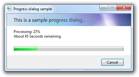 A progress dialog as it appears on Windows Vista and later