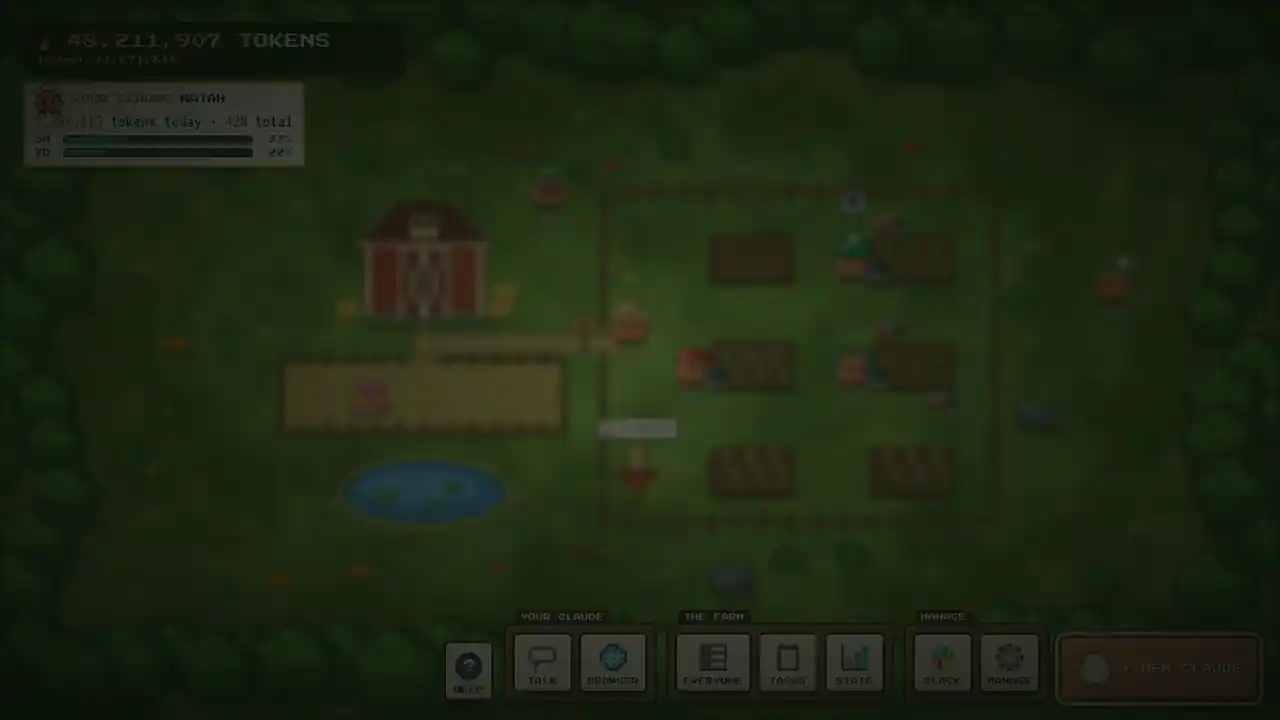 clodfarm in 10 seconds, on the farm UI's HD pixel art, with its tokens counter and your Claude's card top left and the labelled dock (your Claude, the farm, manage, + new Claude) along the bottom: 1, ask your Claude from the Claude app on your phone, and matan's Claude walks in through the field's gate to its plot; 2, it splits the work into mini-Claude sub-agents, each on its own git branch, and its crops start to grow; 3, Claudes team up: matan's Claude asks gil's Claude to take the tests and a sub-agent runs on gil's account; 4, it stays in budget: noa's Claude pauses at 80% of its weekly limit, puts its laptop away and goes to nap in the yard by the barn; 5, it ships tested code: merged to main only when the tests pass, the sub-agents finish and the crops bloom into Claude's spark